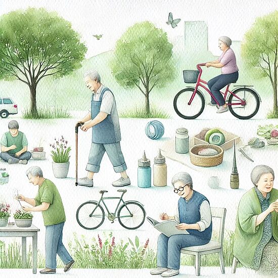 Illustration, auf der verschiedene ältere Menschen verschiedenen Aktivitäten nachgehen